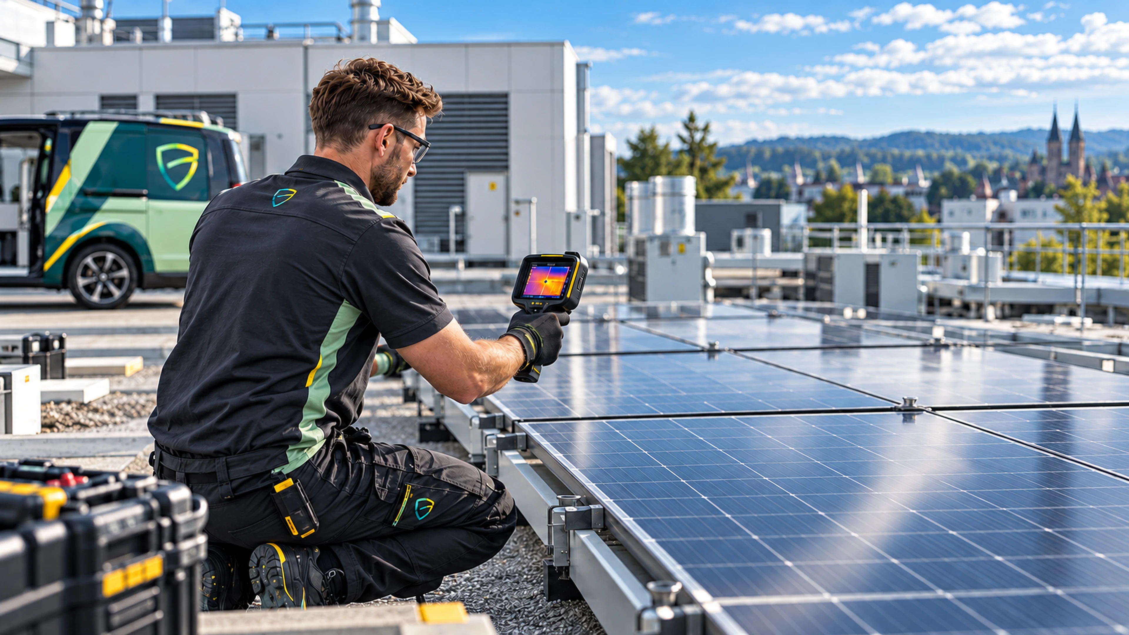 Fotorealistische Darstellung zum Bereich PV-Anlagen inklusive Thermografie